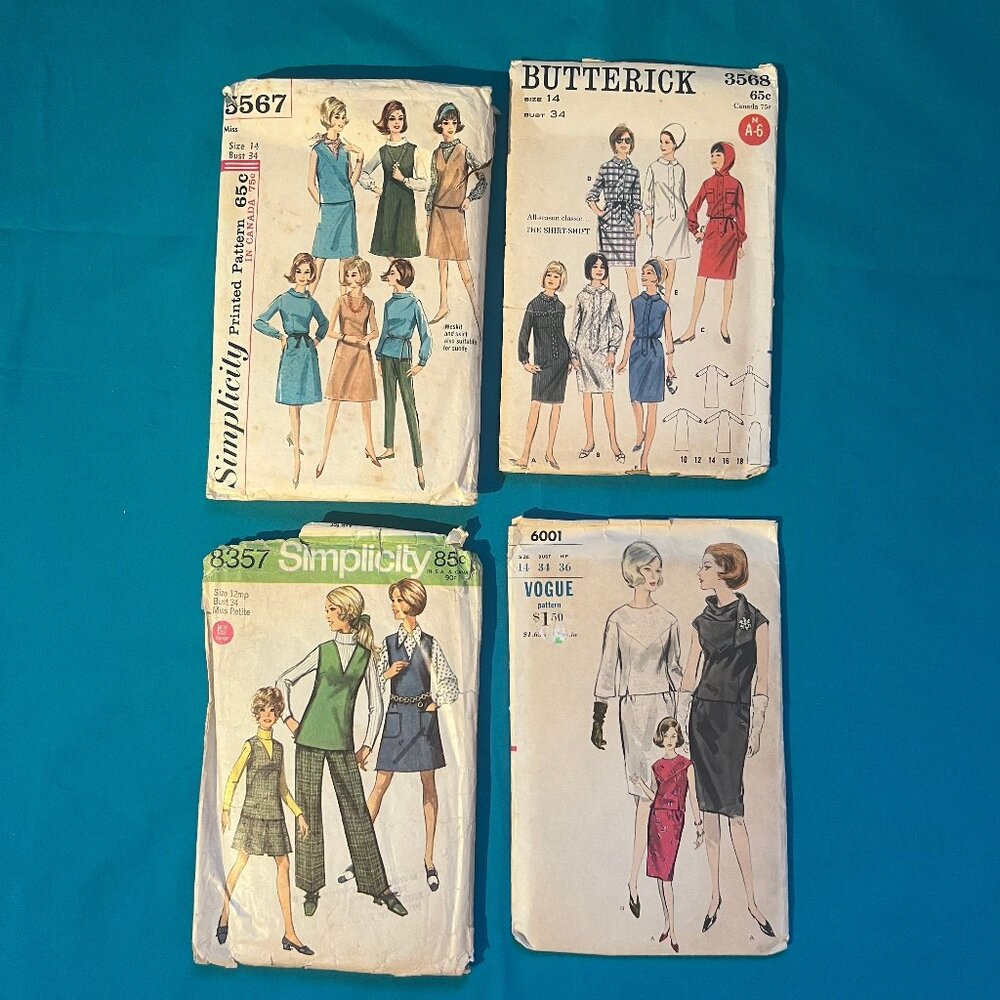 Lot of 4 Vintage 1960s Sewing Patterns Bust 34” Size 14
